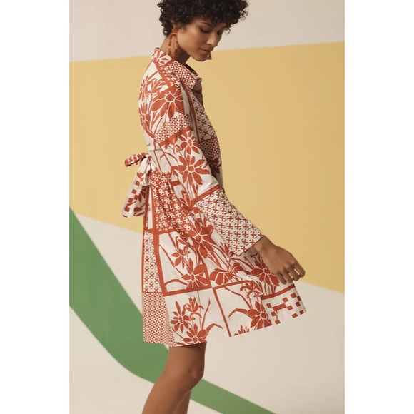 Anthropologie Maeve Red White Cotton Printmaker Poplin Long Sleeve Shirtdress L - Picture 4 of 12